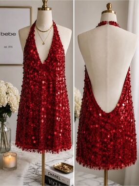 Bebe Halter Neck Trapeze Disco Dot Sequin Mini Dress Wine Red XL